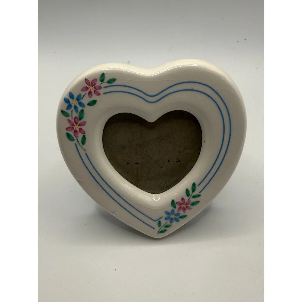 Vintage Ceramic Heart Picture Mmini Frame White Floral Blue Pink Tabletop Decor